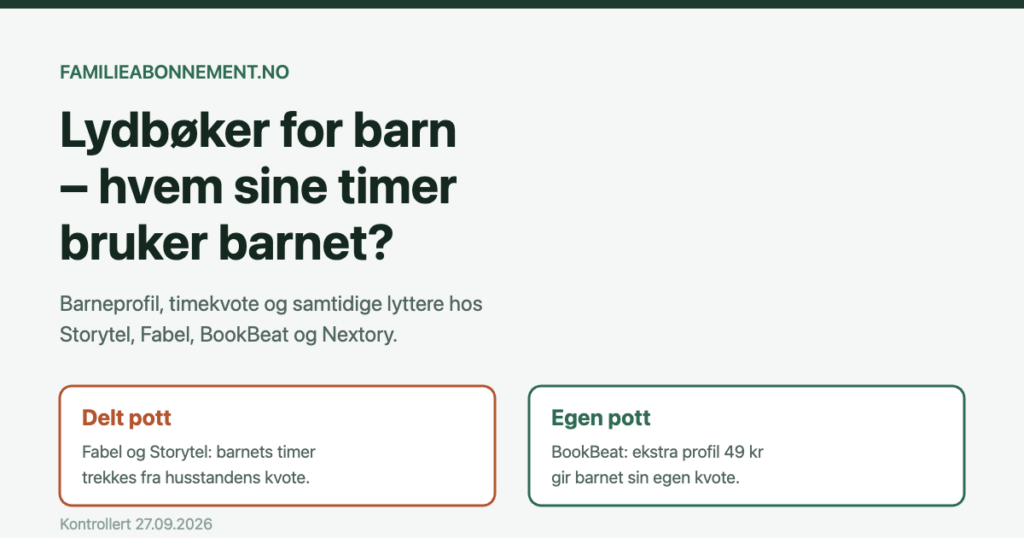 Grafikk som viser to modeller for timekvote hos lydboktjenester: delt pott hos Fabel og Storytel, og egen kvote per profil hos BookBeat.